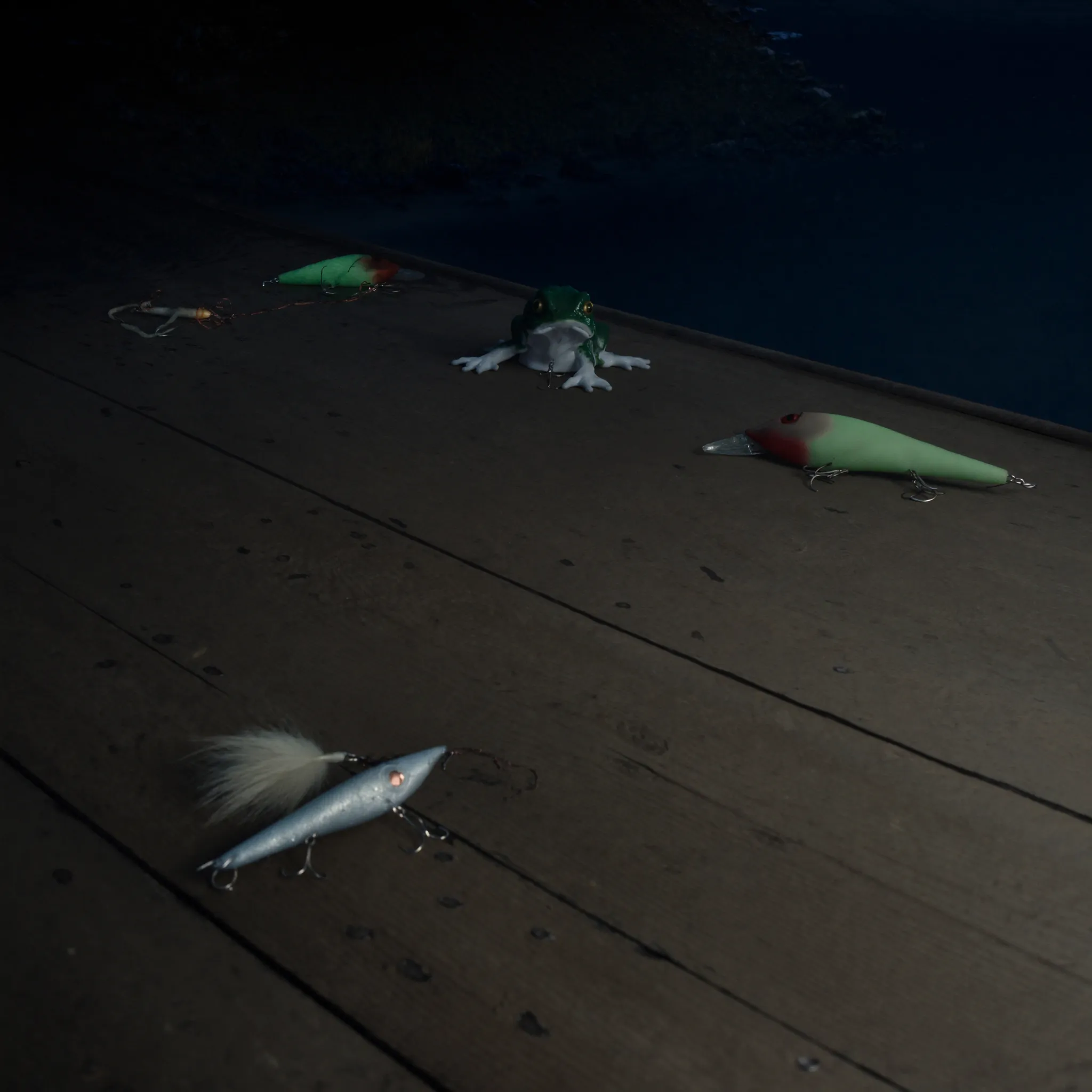 Photorealistic bass lures on wet dock boards beside lake water