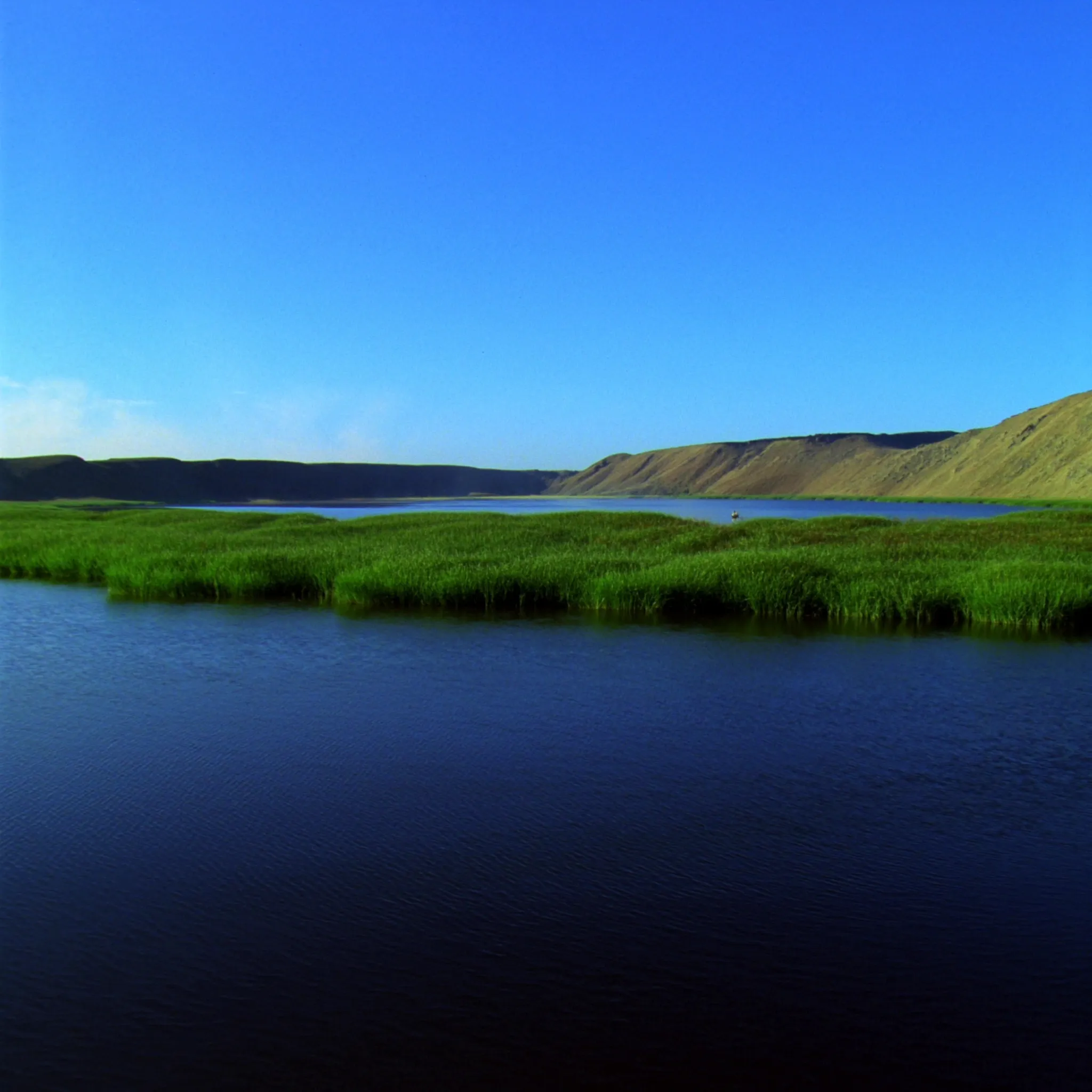 Photorealistic Clear Lake landscape with volcanic hills and tule shoreline